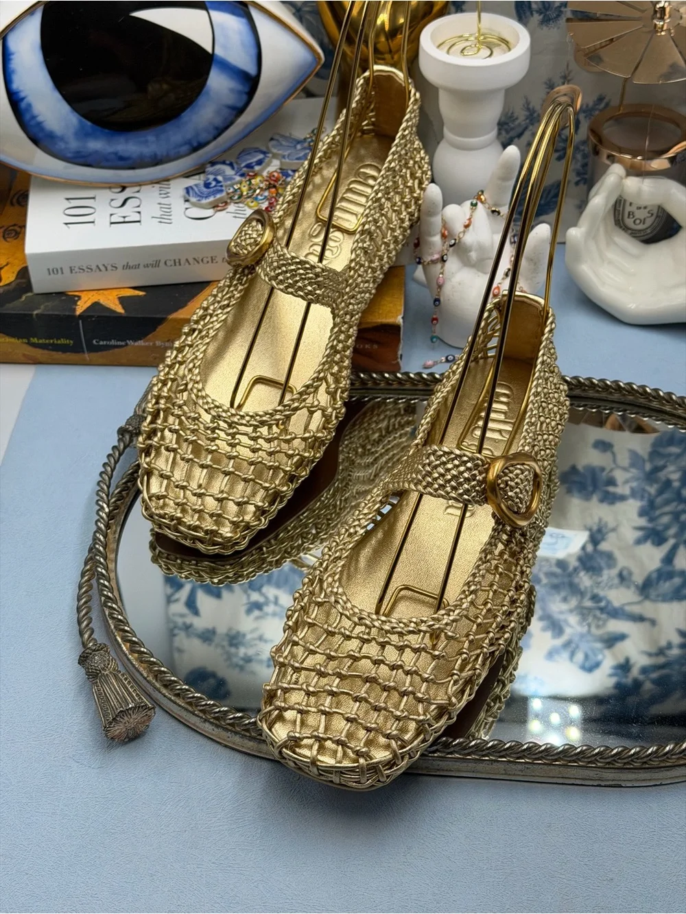 🆕 CULT GAIA 🧿 NWOB Gina Woven Leather Mary Jane Flats, Gold - Sz 37.5 US 7.5